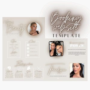 May include: A light beige and white graphic design template for a beauty salon website. The template includes a logo, contact information, booking policies, and a thank you message. The text "Booking website template" is written in a white neon font.