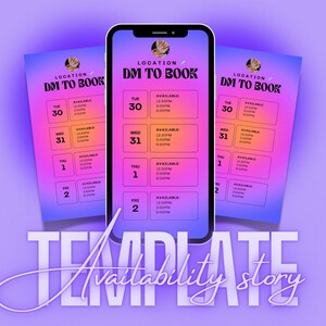 May include: A template for an Instagram story showing a schedule of available times for booking appointments. The template is designed with a gradient background of pink and orange. The text "LOCATION DM TO BOOK" is at the top of the template. The template shows the days of the week, Tuesday through Friday, with times available for booking.