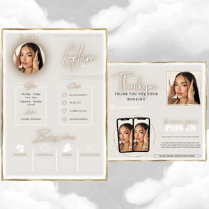 Puede incluir: Una tarjeta de visita beige claro y dorada con el texto "Glam Beauty" y la cara de una mujer en la esquina superior izquierda. La tarjeta incluye información de contacto, horario comercial y una sección para reservar citas. La tarjeta también incluye un mensaje de agradecimiento por la reserva y una sección para "Get in your posts" con una foto de la cara de una mujer.