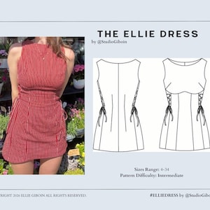 Peut inclure: La robe Ellie par StudioGiboin est une robe sans manches rouge à rayures verticales blanches, dotée de lacets sur les côtés. L'image comprend un dessin technique de la robe, le texte THE ELLIE DRESS et des informations sur le patron.