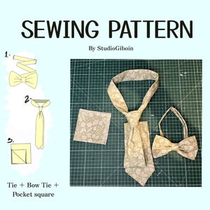 Puede incluir: Un patrón de costura de StudioGiboin para una corbata, pajarita y pañuelo de bolsillo. La imagen muestra una corbata con estampado floral, una pajarita a juego y un trozo de tela cuadrado, junto a instrucciones ilustradas de plegado y montaje.