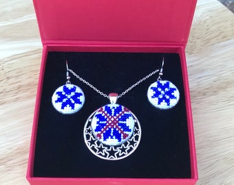BLUE STARS Ukrainian ornament set of necklace and earrings Micro cross embroidery Handmade embroidery jewelry