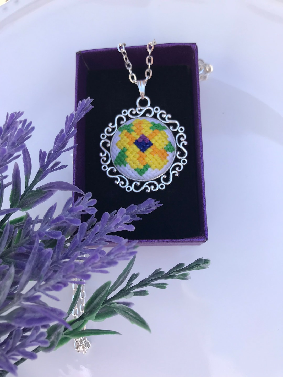 Embroidered Necklace YELLOW FLOWER for Mom Gift for Mothers Day Cross Embroidery Handmade