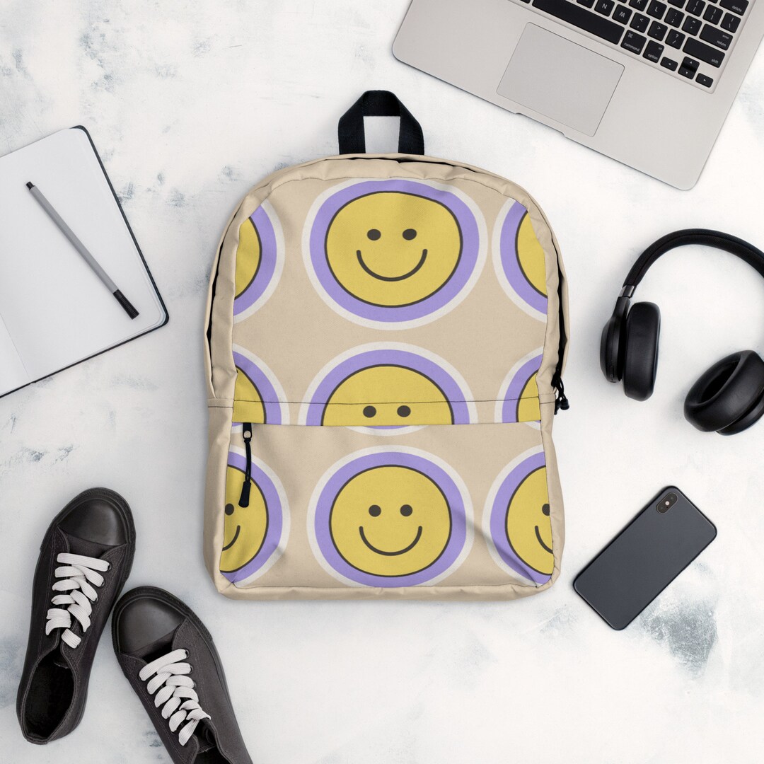Neutral Tan Retro Smiley All-over Print Backpack VSCO Backpack Smiley ...