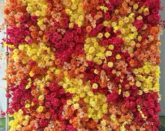 Vibrant Flower Wall Backdrop, Red, Orange, Yellow Silk Flowers, 8x8 ft