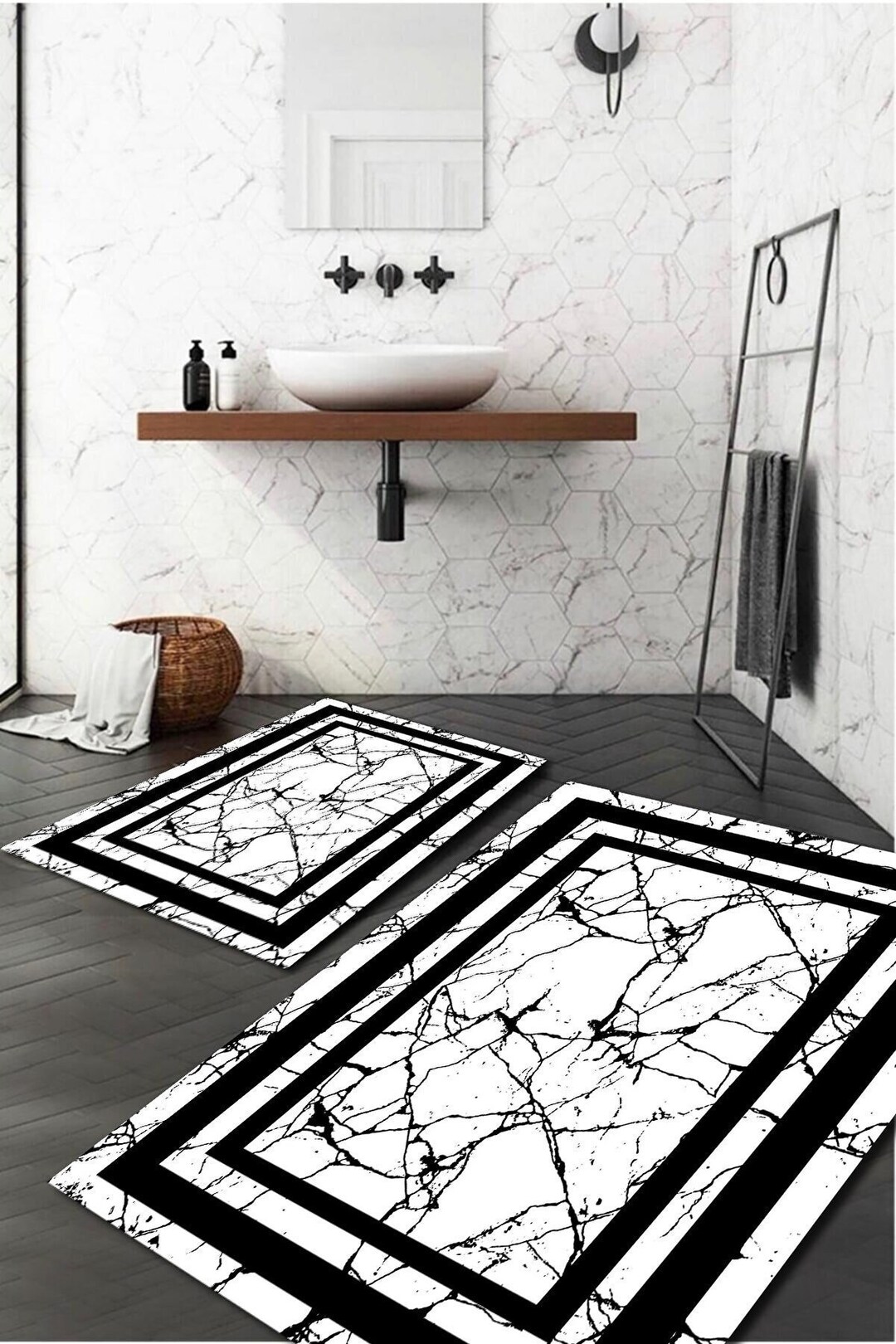 Black and White Bathroom Rug Set / Washable Bathroom Set / Dual Laundry Room Runner / Non Slip