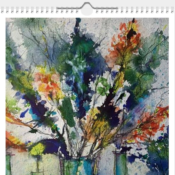 Kunstkalender 2024, Blumen, A3, Hochformat, Aquarell Kunst, Abstrakt, Expressionistisch, Einzigartiges Wanddekor, Farbenfreudig