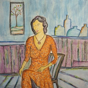 Ritratto, dipinto originale su tecnica mista, dipinto semi-astratto, arte retrò, dimensioni immagine 32 x 40 cm