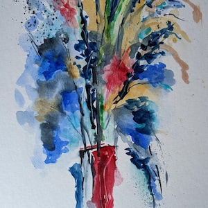 Original watercolor, **Flowers.122**, unique, watercolor flowers, expressive painting, image size 17 x 30 cm, portrait format
