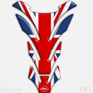 May include: A motorcycle tank protector with a Union Jack design. The sticker features a red, white, and blue color scheme, with the iconic British flag pattern. The sticker is a decorative accessory for motorcycles.