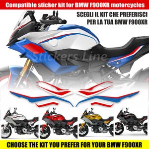 Può includere: Un'immagine di una moto con decalcomanie blu, bianche e rosse, insieme a diverse opzioni di kit di adesivi. Il testo recita "Compatible sticker kit for BMW F900XR motorcycles" e "CHOOSE THE KIT YOU PREFER FOR YOUR BMW F900XR".