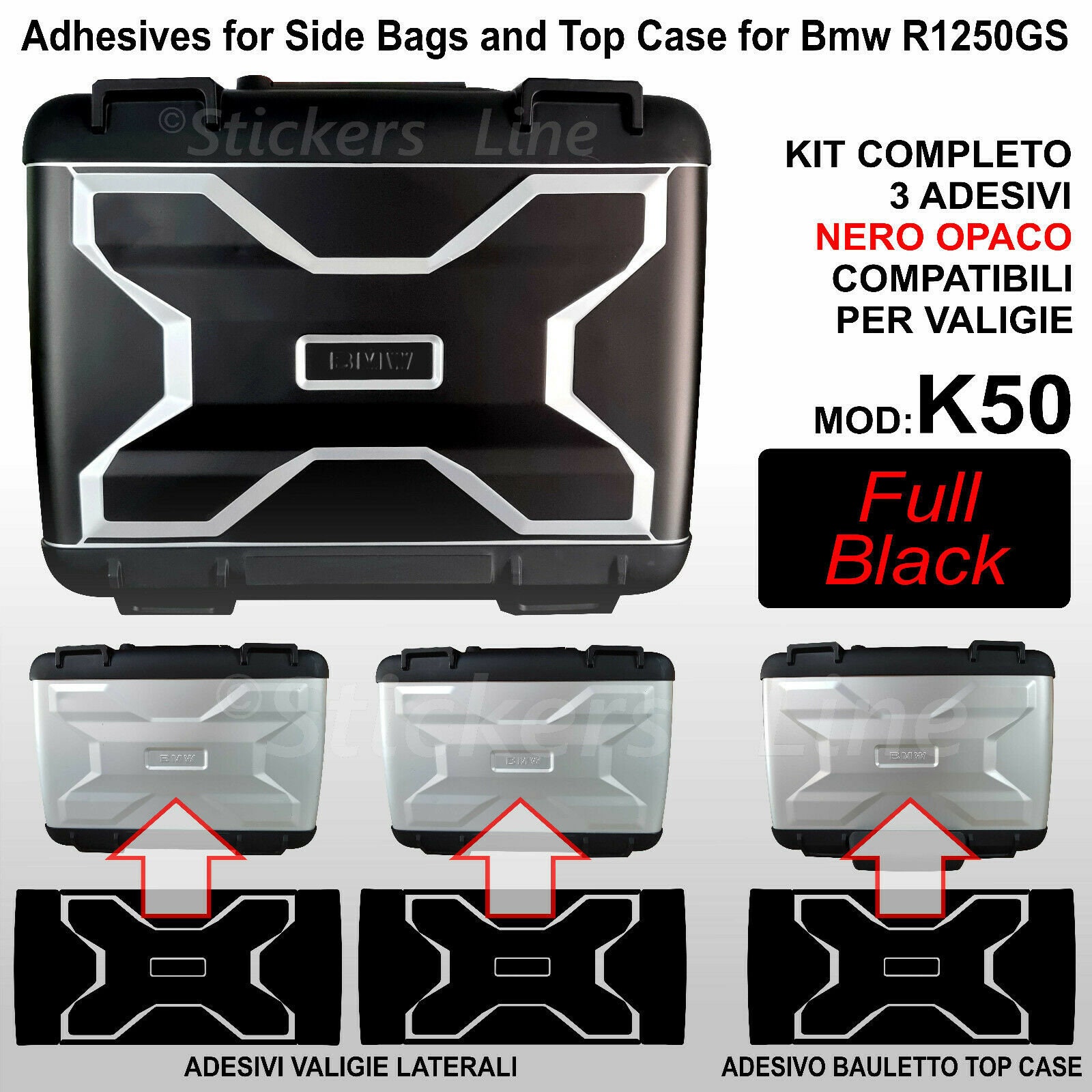 3 adesivi valigie vario BMW R1200GS R1250GS Nero Opaco K50 dal