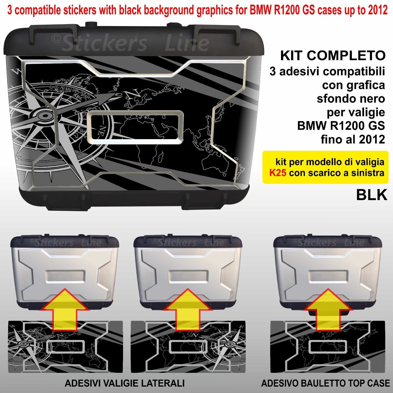 Kit 3 valises sacs autocollants K25 BMW R1200GS boussole + carte du monde jusqu'à 2012 BLK neuf