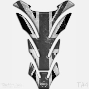 May include: A black, white, and gray motorcycle tank pad featuring a distressed Union Jack design. The pad has a unique shape with multiple sections and a textured appearance. The bottom right corner has the text "T #4".
