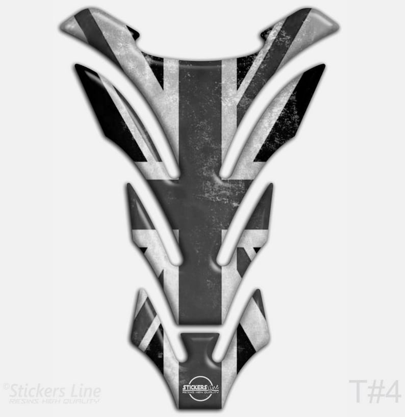 May include: A black, white, and gray motorcycle tank pad featuring a distressed Union Jack design. The pad has a unique shape with multiple sections and a textured appearance. The bottom right corner has the text "T #4".
