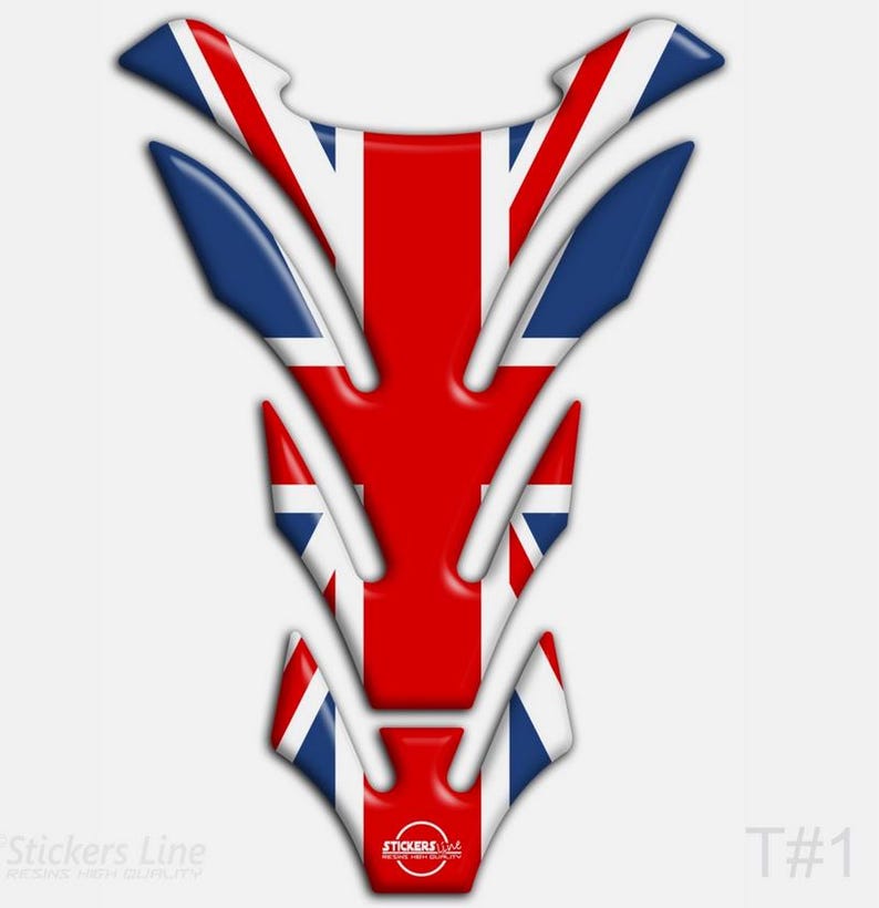 May include: A motorcycle tank protector with a Union Jack design. The sticker features a red, white, and blue color scheme, with the iconic British flag pattern. The sticker is a decorative accessory for motorcycles.