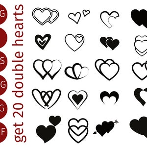 SVG Double Heart Bundle – 20 dubbele harten. Het symbool van de liefde – iconen voor het drukken, snijden, laseren, embossing,...