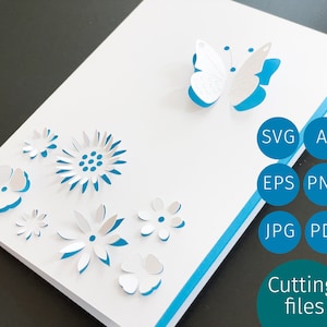 Cartão Cricut Spring com envelope e incrustações. Baixe e corte instantaneamente. Cartão original com pássaros e flores de verão.