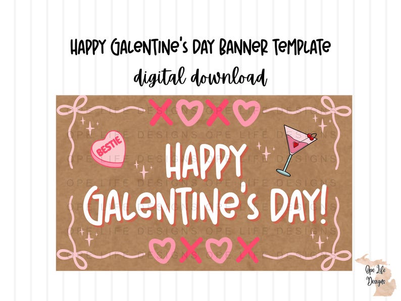 May include: A digital banner template for Galentine's Day, with a brown background and pink details. The design includes the text "Happy Galentine's Day!" and decorative elements such as hearts, XOXO symbols, and a cocktail glass.
