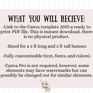 May include: A digital download graphic with the text "WHAT YOU WILL RECIEVE:" listing a Canva template and PDF file, sized for a 1.52 m long and 0.91 m tall banner. The template is fully customisable.