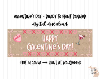 Happy Galentine’s Day Banner Ready to Print at Walgreens | Pink Girly Galentines Decor | Besties Party Banner | 6ft x 2ft