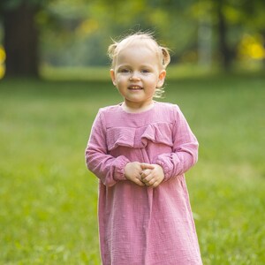 Handmade Cotton Muslin dress with frill, Pink flowered Toddler Boho Dress, Baby holiday dress