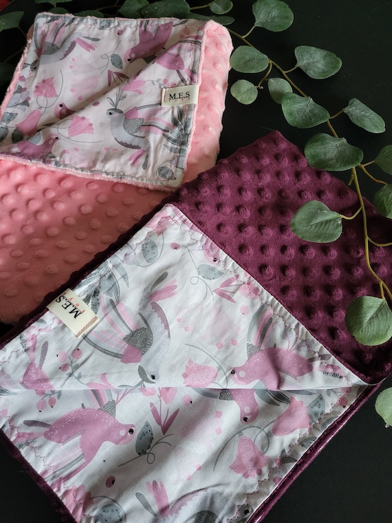 Baby Girl Pink Minky Fleece Blanket Birds and Flower Motif Cotton Stroller Blanket Wine Red Bedding Minky Fabric Blanket Etsy