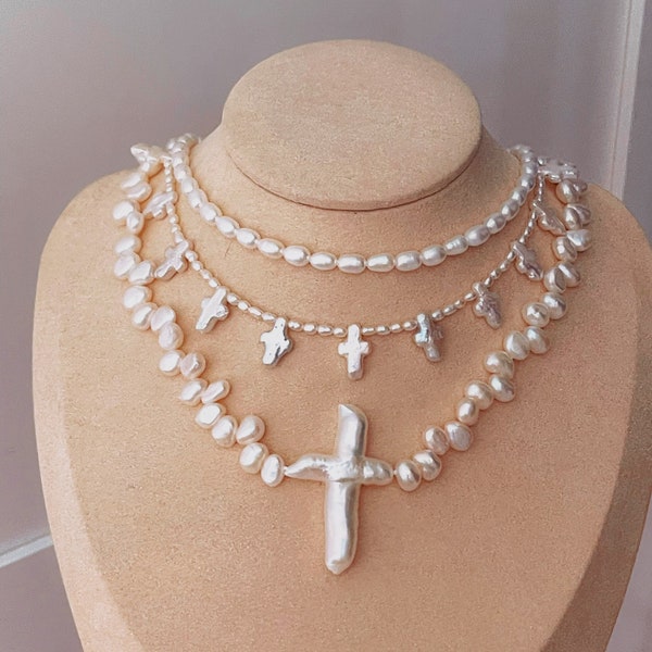 3 Pieces Pearly Cross Necklace, Real Pearl Cross Necklace/Choker, 14K Gold Filled Pearl Necklace, Gift for Her, Gothic Fashion, Church Gift