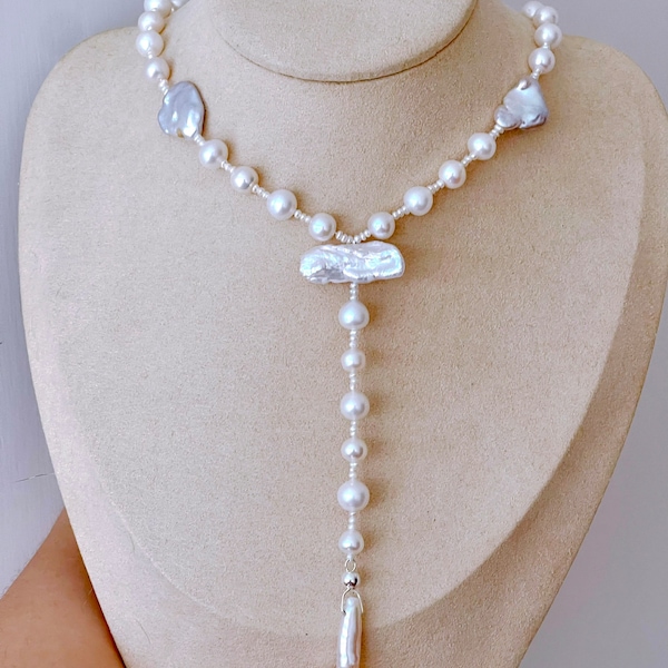 Perlen Rosenkranz Halskette mit Natürlichen Biwa Perlen • 925 Sterling Silber Halskette • Unregelmäßige echte Perlen Perlen Halskette • Katholische Geschenke