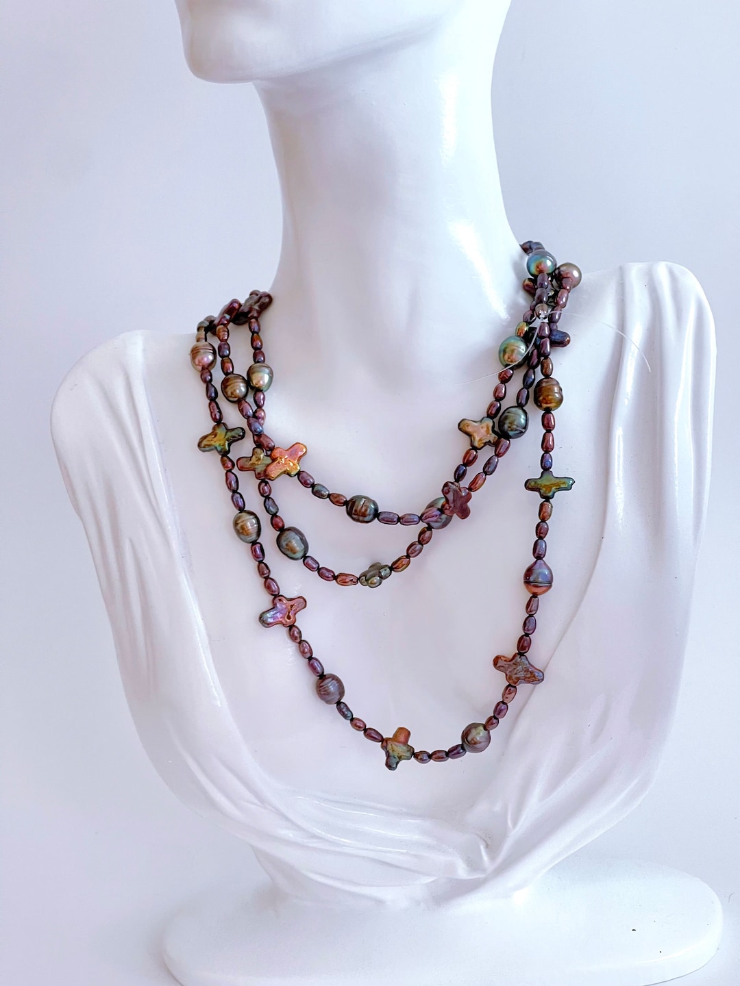 Long Cross Pearl Necklace Black Pearl Necklace/choker 14k Etsy