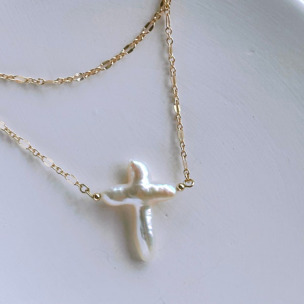 Baroque Cross Pearl Pendant Necklace • Irregular Pearl Necklace • Long Cross Pearl Necklace • Perfect for Layering • Dainty Necklace