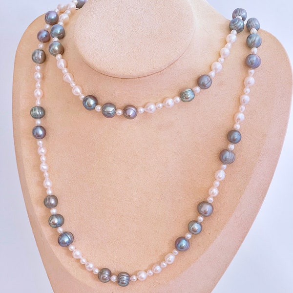 Chaîne de pull en perles bleu océan, collier de perles réelles, bijoux d’hiver, collier long avec fermoirs remplis d’or, cadeaux de Noël pour elle