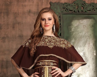 Brown & Gold Moroccan Kaftan: Women's Takchita Dress with Hijab