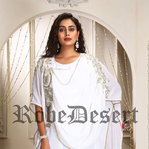 White and Gold Color Designer Israeli Wedding Islamic Free Size Hand Beaded Dubai Kaftan