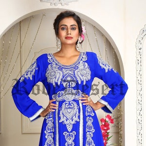 Royal Blue Hand Beaded Moroccan Caftan: Islamic Wedding Farasha Dress With Embroidered Hijab