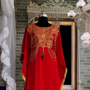 Red Embroidered Takchita: Arabic Maxi Dress, Party Kaftan