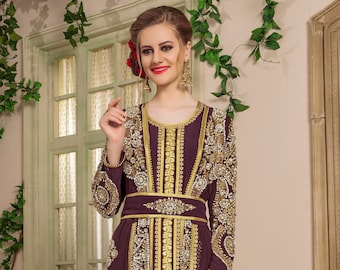 Hand Beaded Moroccan Wedding Kaftan: Brown & Gold Takchita with Hijab
