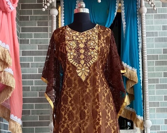 Brown & Gold Kaftan: Designer Islamic Takchita for Women