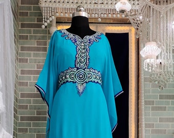 Firozi Color Islamic Embroidery Takchita Arabic Stylish Designer Maxi Dress Israeli Floor Length Party Wear Wedding Kaftan