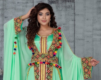 Mint Green Embroidered Kaftan: Arabic Party Takchita Dress