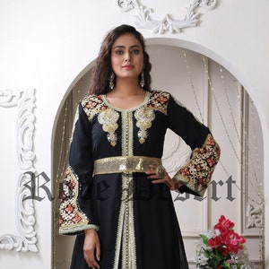 Black and Gold Color Designer Embroidery Moroccan Dress/ Islamic Takchita Wedding Gown/ Israeli Caftan/ PartyWear Maxi Gown With Plain Hijab