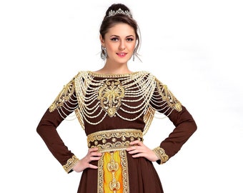 Hand Beaded Farasha Kaftan: Brown & Gold Israeli Design, Party Wear with Embroidery Hijab