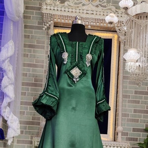 Bottle Green Hand Beaded Silk Kaftan: Islamic Arabic Maxi Dress