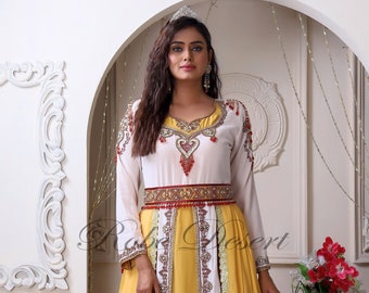 White and Gold Moroccan Wedding Kaftan: Hand Beaded Arabic Maxi