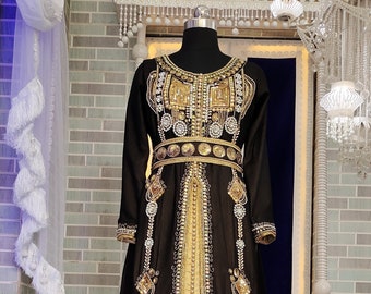 Black And Beige Islamic Wedding Designer Arabic Maxi Hand Beaded Dubai Ladies Long Sleeve Moroccan Arabic Party Wear Kaftan