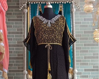 Black & Gold Embroidered Kaftan: Arabic Takchita Dress With Free Plain Hijab