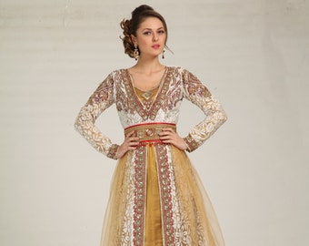 slim fit dress slacks Wedding Moroccan Style Caftan White Color, Georgette Fabric, Handmade, Golden Embroidered, Moroccan Style White / L