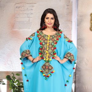 Turquoise Color Embroidery Designer Stylish Takchita Kaftan With Free Plain Hijab