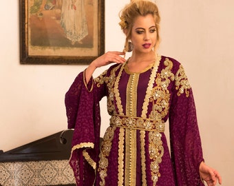 Violet & Gold Embroidered Kaftan: Moroccan Takchita Dress with Hijab