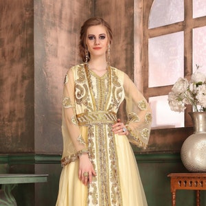 Ivory Moroccan Kaftan: Royal Islamic Embroidered Gown With Free Plain Hijab